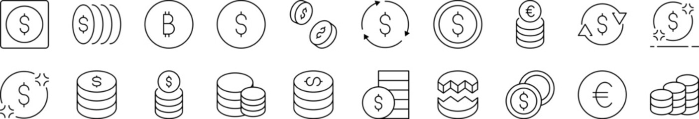 Various Coins Simple Icon Collection. Editable Stroke. Perfect for Infographics, Articles, Books, Flyers, Banners