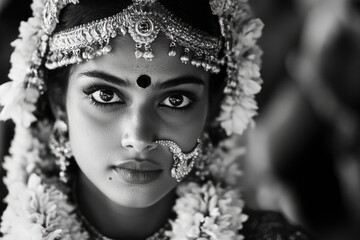 Traditional indian bride adorned in exquisite jewelry and floral garland