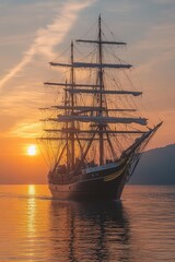 Majestic sailing ship at sunset