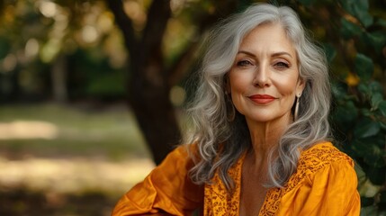 Naklejka premium Mature Woman with Silver Hair in a Forest