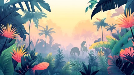 A Tropical Jungle Scene with Palm Trees and Lush Foliage