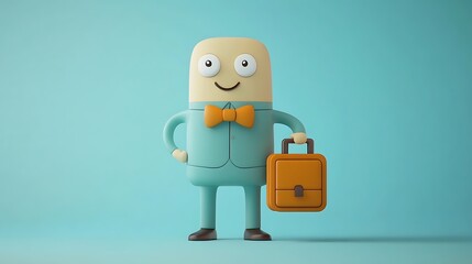 Cartoon Character in Blue Suit Holding Orange Suitcase