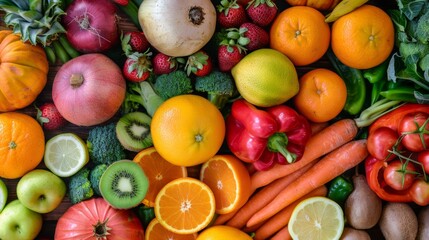 fruits and vegetables background, top view, harvest