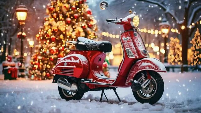  Retro Moped in a Winter Park with a Christmas Tree Decorated with Garlands. Nostalgic and Festive Scene for Holiday Magic