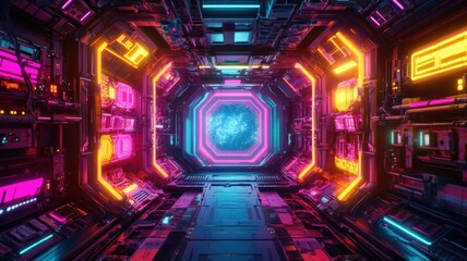 Futuristic Neon Tunnel Leading to a Starry Portal