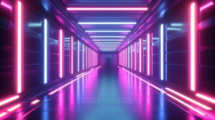 Fototapeta premium Futuristic Corridor Illuminated by Pink and Blue Neon Lights
