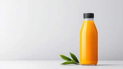 Fresh Orange Juice Bottle with Leaves on a Clean Surface