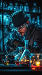 A focused scientist conducts experiments in a dimly lit laboratory, surrounded by glowing flasks and intricate glassware.