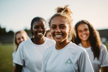 Smiling group portrait of a diverse female soccer team on field