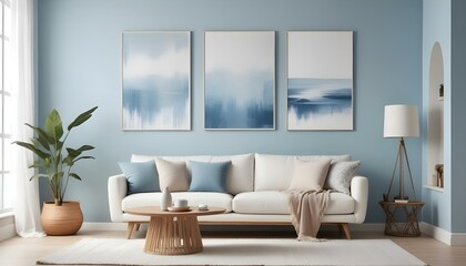 Fototapeta premium Minimalist blue bohemian interior design living room