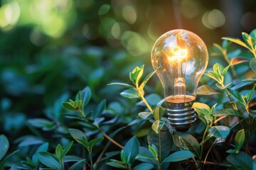 Green energy innovation light bulb with future industry of power generation icon graphic interface. Concept of sustainability development by alternative sources renewable. Ecology and environment