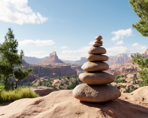 Balanced Stone Cairn in Rugged Brown Landscape with Stone Formations, Creating an Uneven, Natural Scene, A Symbol of Harmony and Tranquility in the Wild