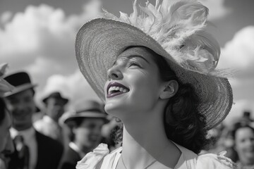 Joyful woman in vintage outfit smiling at outdoor event in black and white