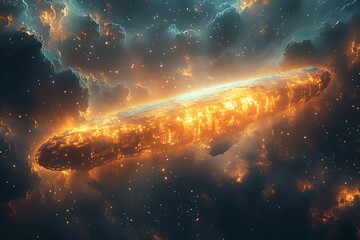 A colossal spaceship soars through a vibrant nebula in deep space.