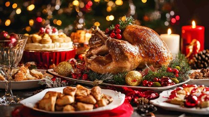 Festive Christmas dinner with roast turkey and desserts