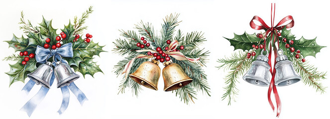 A watercolor set of various Christmas bells