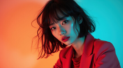 Avant-Garde Fashion Editorial Featuring Asian Model in Vibrant Colors with Bold Floral Accessories for High-End Photography