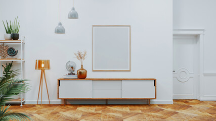 Interior of a modern Scandinavian living room with minimalist decor. There were wooden furniture,