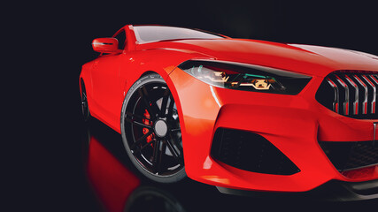 Close-up of a sleek red sports car that features an aggressive front design.