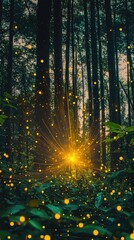 Naklejka premium A magical forest scene illuminated by glowing fireflies, surrounded by tall trees and lush greenery, creating a captivating atmosphere.