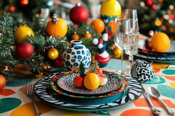 christmas pop art, cheerful christmas pop art collage with playful designs and holiday symbols on a bright table setting, leaving space for creativity