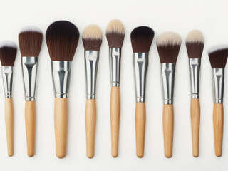Fototapeta premium Studio photo of a set of wooden makeup brushes on a white background