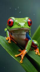Fototapeta premium Red-eyed green frog sitting on leaf in vibrant tropical rainforest
