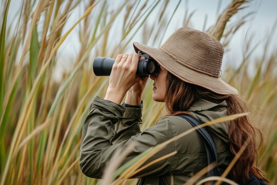 Woman birdwatching with binoculars in nature: exploring wildlife and adventure in the great outdoors
