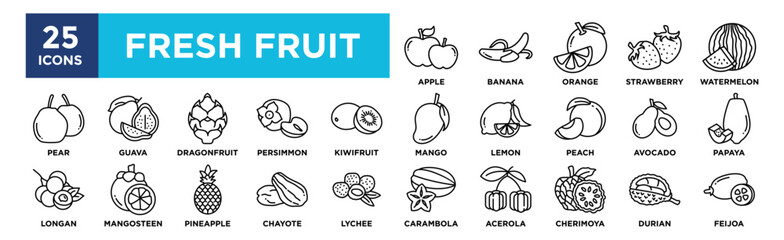 Fresh Fruit icon collection set. Containing design organic, healthy, fresh, diet, vitamin, vegetarian
