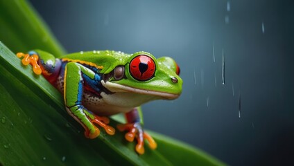 Naklejka premium Green red-eyed frog with orange feet perched on leaf looking at camera