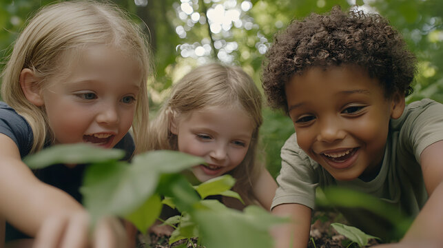 A group of diverse children exploring nature, symbolizing experiential learning. Nature exploration.


