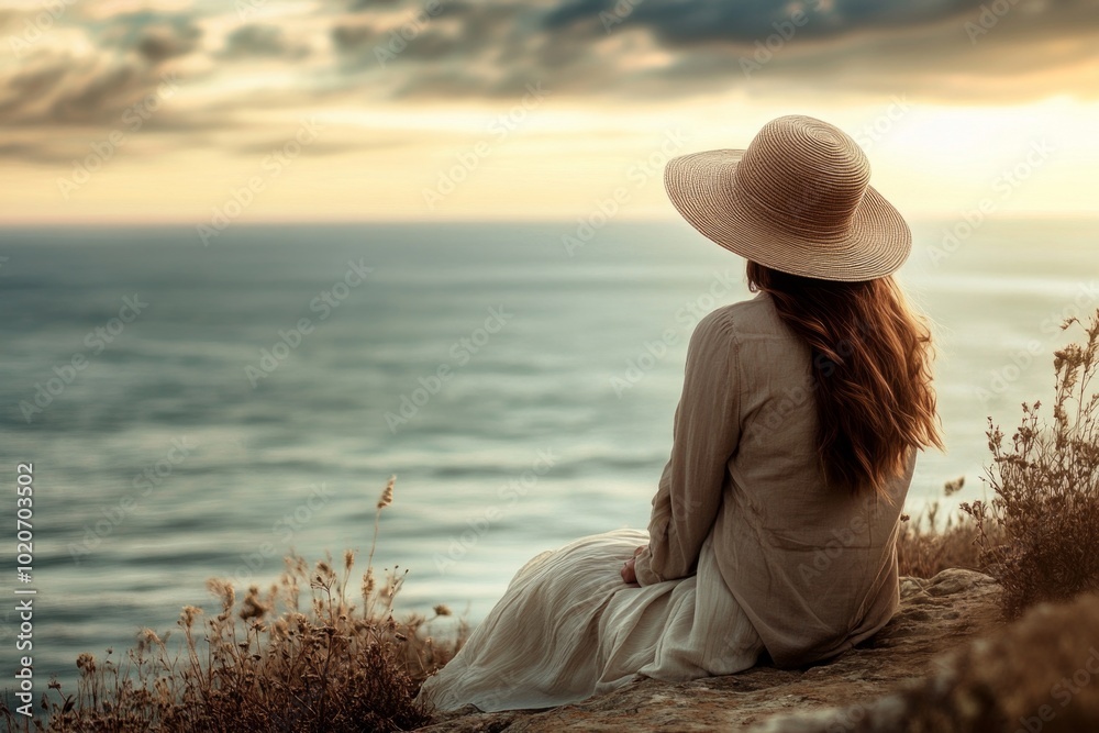 Wall mural serene woman in sun hat gazing over tranquil ocean at sunset