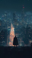 A mysterious figure stands against a vibrant city skyline at night, illuminated by colorful lights and a sense of adventure.