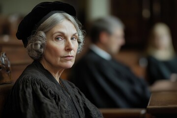 Fototapeta premium Elderly woman in courtroom attire with focus on determined expression