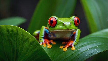 Brightly colored poison dart frog perched on green leaves in natural habitat