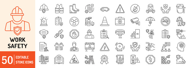 Work Safety editable stroke outline web icons set. Safety first, hazard, protection, health, insurance, regulations, helmet and work. Vector illustration