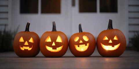 Obraz premium A festive arrangement of four cheerful jack-o'-lanterns glowing warmly, perfect for Halloween decorations and autumn celebrations.