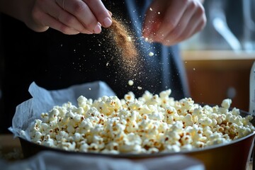 Enhancing popcorn flavor with seasoning in a rustic kitchen setting