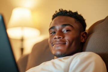 Obraz premium young man with curly hair relaxing on couch