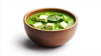 Creamy green spinach soup with cubes of paneer and fresh basil leaves, served in wooden bowl.