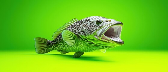 Obraz premium Fish swimming on bright green background, showcasing vivid colors and details.