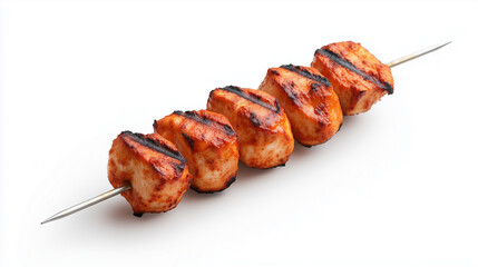 Grilled chicken skewers with smoky flavor, perfectly cooked and arranged on skewer, ideal for delicious meal or barbecue gathering.