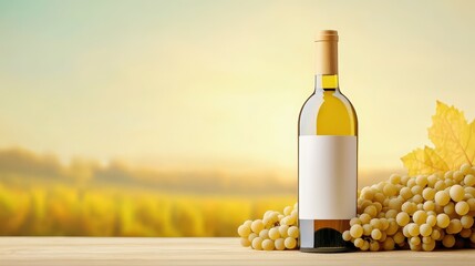 Fototapeta premium Elegant White Wine Bottle with Grapes in Background
