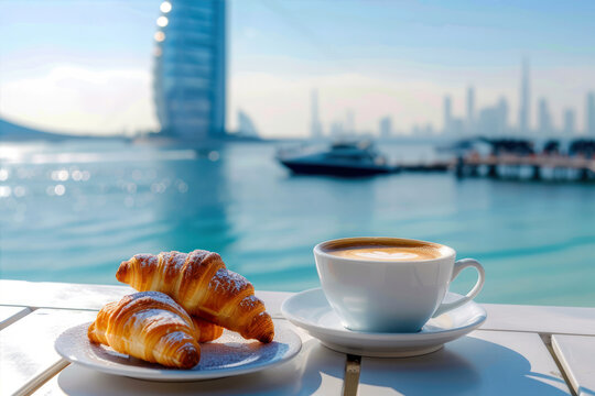 A Serene Breakfast Moment by the Water Near the Sail Hotel, Enjoying Coffee and Fresh Croissants on a Sunny Morning