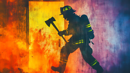 Naklejka premium A silhouette of a firefighter entering a smoke-filled room, holding an axe, symbolizing bravery and emergency response in challenging situations.