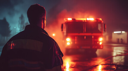 A firefighter stands in front of a fire truck illuminated by red lights in a smoky environment, symbolizing bravery and emergency response.