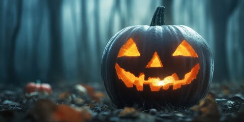 A glowing jack-o'-lantern sits among fallen leaves in a misty forest, embodying the essence of Halloween charm and eerie ambiance.