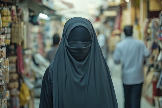 Woman in traditional niqab walking through bustling market street