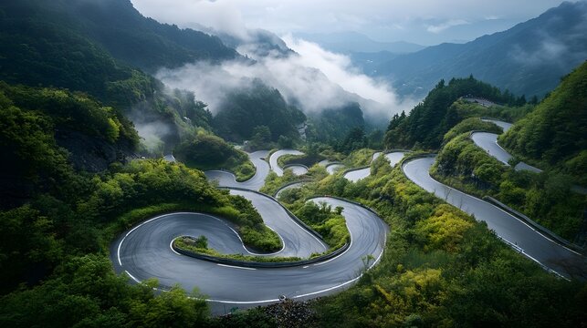 A dynamic scene of touge racing on winding mountain roads, with precision-tuned cars navigating sharp curves at high speed, set against a backdrop of rugged terrain and misty mountains 