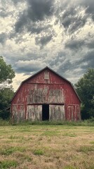A rustic red barn stands under a dramatic sky, surrounded by grassy fields, evoking a sense of rural charm and tranquility.